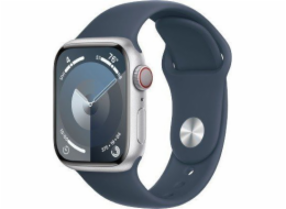 Apple Watch Series 9 GPS + mobilní chytré hodinky, 41mm stříbrné hliníkové pouzdro s bouřkově modrým sportovním páskem – S/M