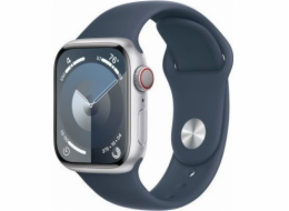 Apple Watch Series 9 GPS + mobilní chytré hodinky, 41mm stříbrné hliníkové pouzdro s bouřkově modrým sportovním páskem – M/L