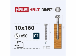 Vruty do dřeva Haushalt, DIN571, 10,0 x 160 mm, ZN, 50 ks.