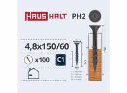 Vruty do dřeva Haushalt, 4,8 x 150/60 mm, PH2, 100 ks.