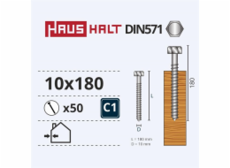 Vruty do dřeva Haushalt, DIN571, 10,0 x 180 mm, ZN, 50 ks.