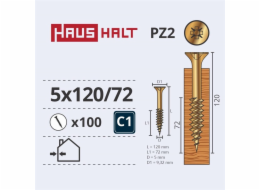 Vruty do dřeva Haushalt, 5 x 120/72 mm, ZN, PZ2, 100 ks.