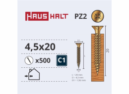 Vruty do dřeva Haushalt, 4,5 x 20 mm, ZN, PZ2, 500 ks.