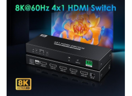 PremiumCord HDMI switch 4:1 s podporou rozlišení 8K@60Hz,4K@120Hz, 1080P, HDR, s ovládáním tlačítkem a dálkovým ovladače