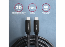 AXAGON BUCM32-CM15AB, SPEED+ kabel USB-C <-> USB-C, 1.5m, USB 20Gbps, PD 100W 5A, 4K HD, ALU, oplet, černý