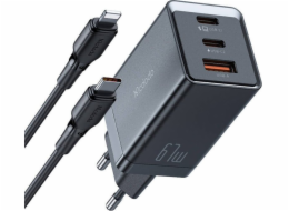 Mcdodo CH-1544 GaN síťová nabíječka, 2x USB-C, 1x USB, 67 W + kabel USB-C na USB-C (černá)