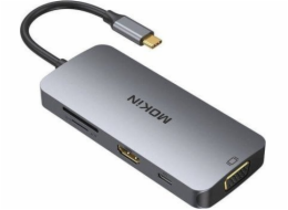 MOKiN 8v1 USB-C adaptér na 3x USB 3.0 + HDMI + USB-C + VGA + čtečka karet SD + čtečka karet Micro SD (stříbrná)