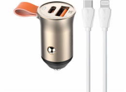 Nabíječka do auta LDNIO C509Q, USB + USB-C, 30 W + kabel USB-C na Lightning (zlatý)