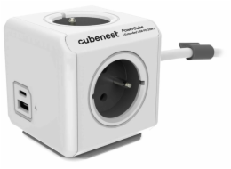 Cubenest Powercube Extended USB PD 20W, A+C, 4× zásuvka, 3m, bílá/šedá,  dětská pojistka, uzemnění, dok, 10A/250V