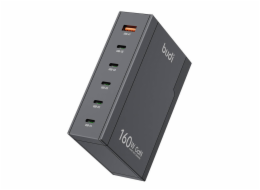 Univerzální nástěnná nabíječka Budi 350, GaN PD+ QC3.0, 5xUSB-C+1xUSB-A, 160W US/UK/EU (černá)