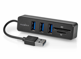 NEDIS USB hub/ zástrčka USB-A/ zásuvka USB-A/ 3 porty/ napájení z USB/ SD & MicroSD/ 3x USB/ černý