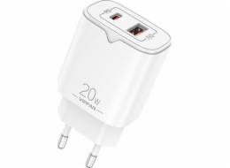 Síťová nabíječka VFAN E08, USB + USB-C, 20W PD + QC 3.0 (bílá)