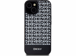 DKNY  DKHMP15SPSOPK iPhone 15 / 14 / 13 6.1 černo/černé pevné pouzdro Kožený tištěný vzor Kovové logo MagSafe