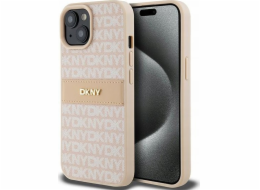 DKNY  DKHCP15SPRTHSLP iPhone 15 / 14 / 13 6.1 růžové/růžové pevné pouzdro Kožený mono pruh a kovové logo