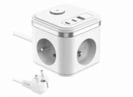 Viking síťový adaptér YC33, 3x 230 V, 1x USB-A, 2x USB-C, tlačítko ON/OFF, délka 1,4 m, bílá