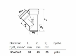 T-kus vnitřní kanalizace Wavin, O 40 / 50 mm, 45°