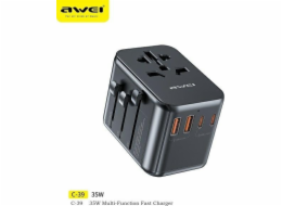 Nabíječka Awei Síťový adaptér AWEI 2xUSB+3xUSB-C C-39 35W 4v1 USA/AU/EU/UK černá/černá Univesal Travel GaN Charger