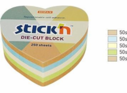 Stickn Notes srdce, 64x67mm, mix 5 barev pastel + recyklace, 250 karet. Stickn 21837