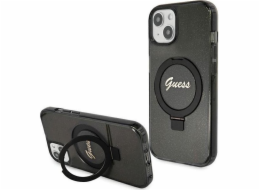 Guess GUHMP15SHRSGSK iPhone 15 6.1 černo/černé pevné pouzdro Ring Stand Script Glitter MagSafe