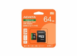 ADATA MicroSDXC karta 64GB Speed Plus, U3, C10, A2, V30 (R:160/W:140 MB/s) + SD adaptér